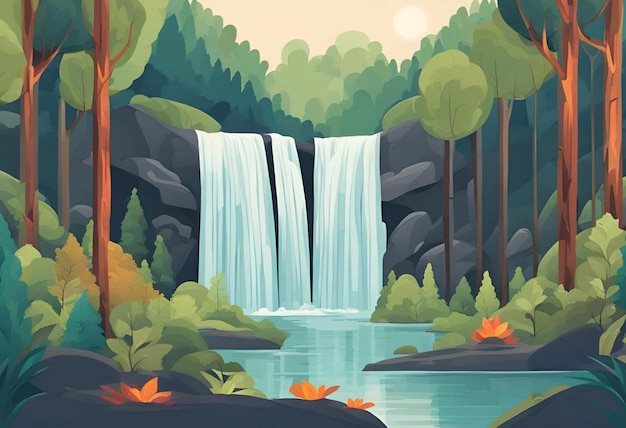 Photo une peinture d'une cascade avec des arbres et des rochers en arrière-plan