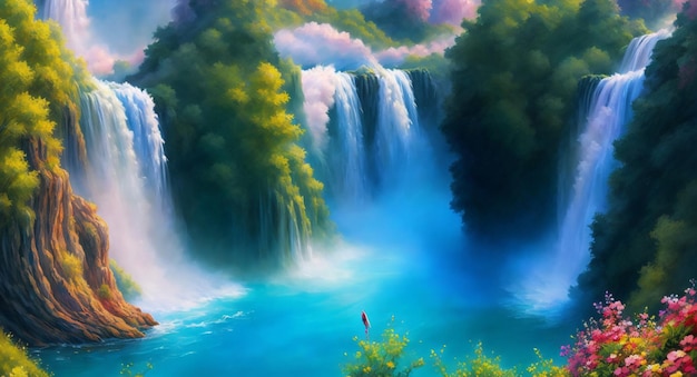Une peinture d'une cascade avec un bateau dans l'eau