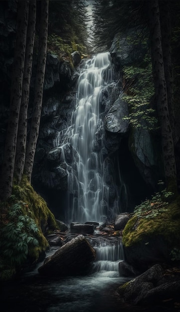 Une peinture d'une cascade dans les bois