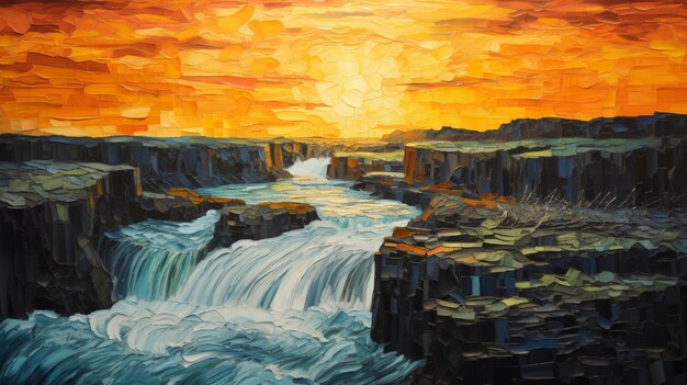 peinture d'une cascade dans un canyon avec un coucher de soleil en arrière-plan