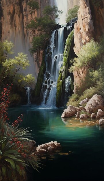 peinture d'une cascade dans un canyon avec une petite cascade ai générative