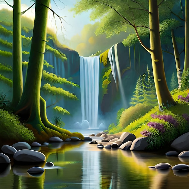 Une peinture d'une cascade dans une forêt avec des arbres verts et une cascade.