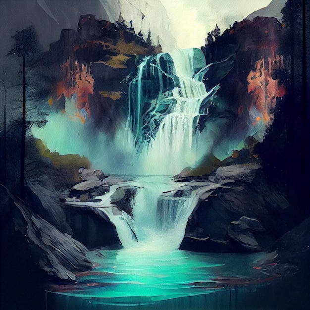 Peinture d'une cascade dans une forêt avec une cascade en arrière-plan ai générative