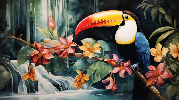 peinture d'une cascade dans une forêt tropicale