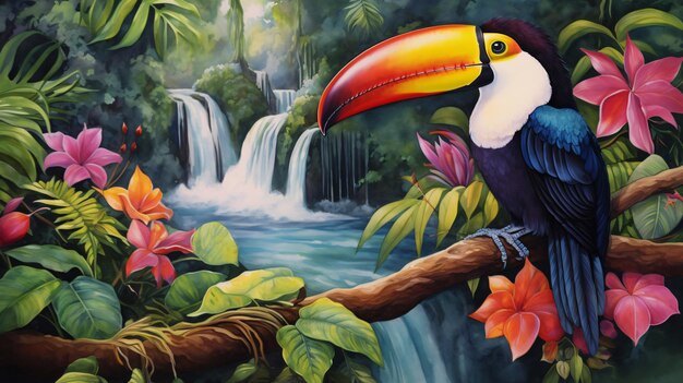 peinture d'une cascade dans une forêt tropicale