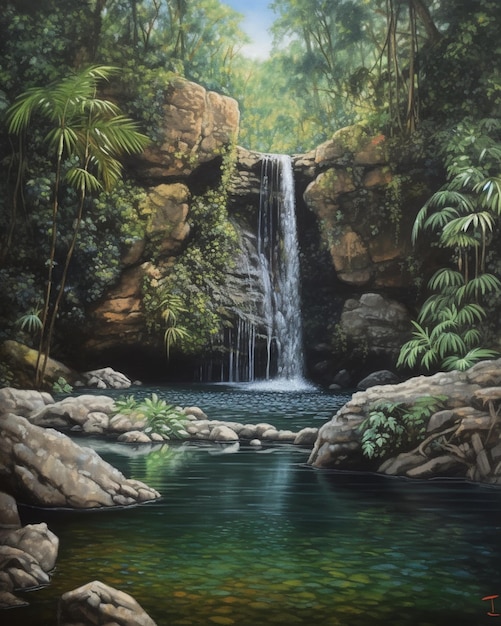 Une peinture d'une cascade dans la jungle