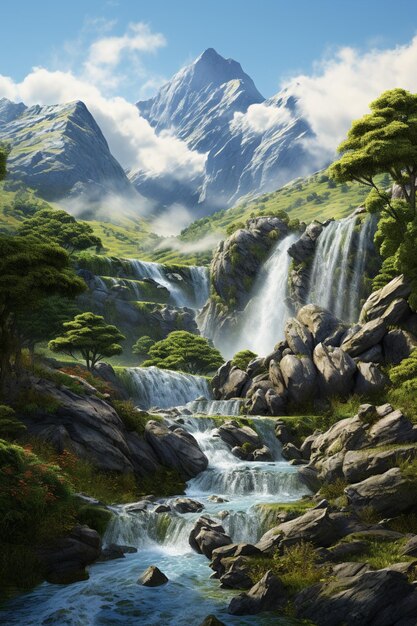 Photo peinture d'une cascade dans une vallée de montagne avec une montagne en arrière-plan