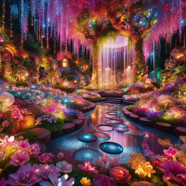 une peinture d'une cascade avec des fleurs et des lis d'eau