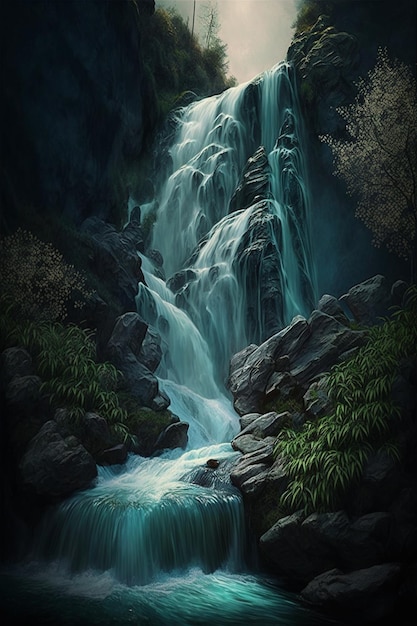 Peinture d'une cascade en moyenne montagne ai générative