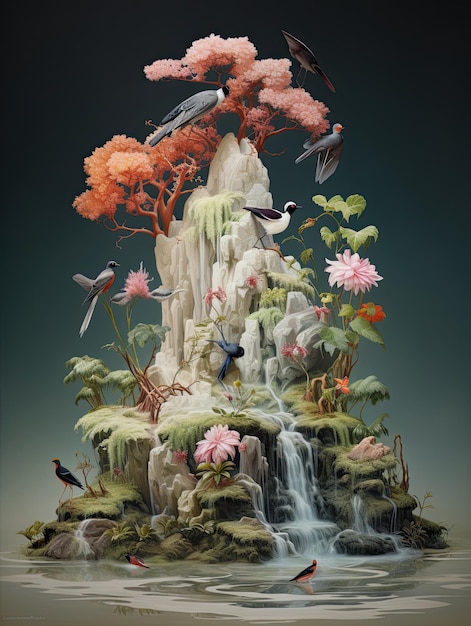 Une peinture d'une cascade avec des oiseaux et des fleurs dessus