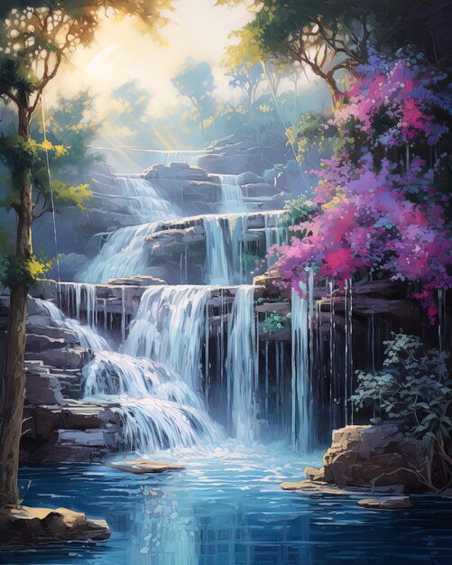 une peinture d'une cascade avec le soleil qui brille dessus