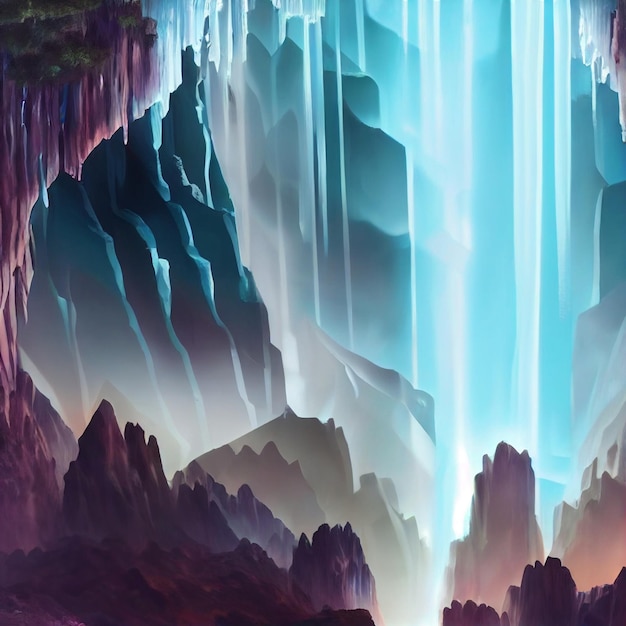 Peinture d'une cascade sortant d'une grotte Generative Ai