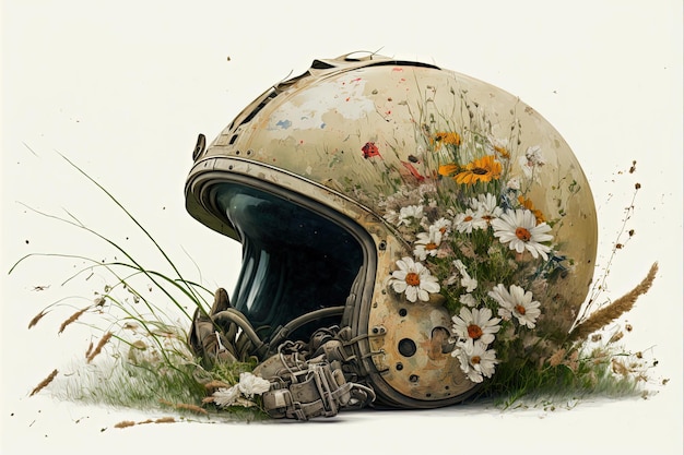 Peinture d'un casque de guerre détérioré avec de l'herbe et des fleurs, illustration numérique, fond blanc.