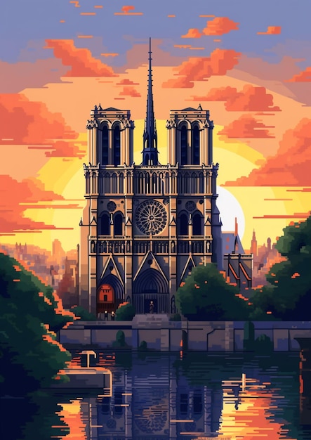 Photo peinture d'une cathédrale avec une horloge sur le devant