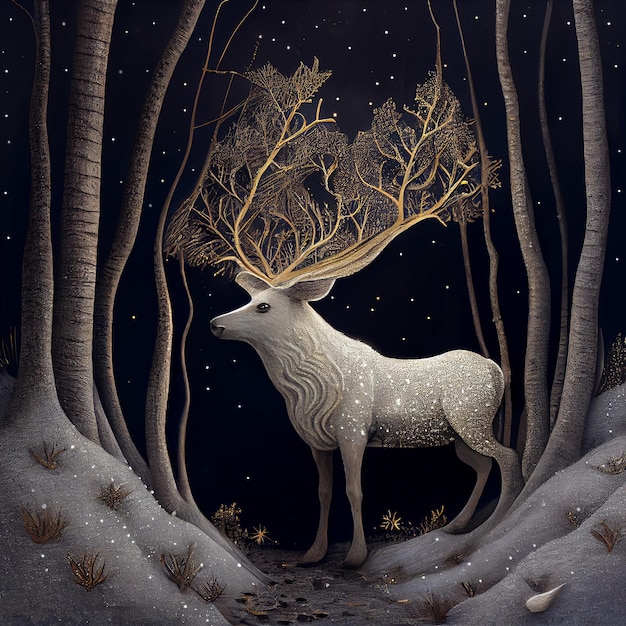 Photo une peinture d'un cerf blanc avec de grandes cornes et un arbre avec de la neige dessus.