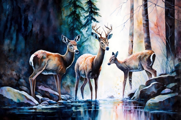 Une peinture d'un cerf avec un cerf en arrière-plan