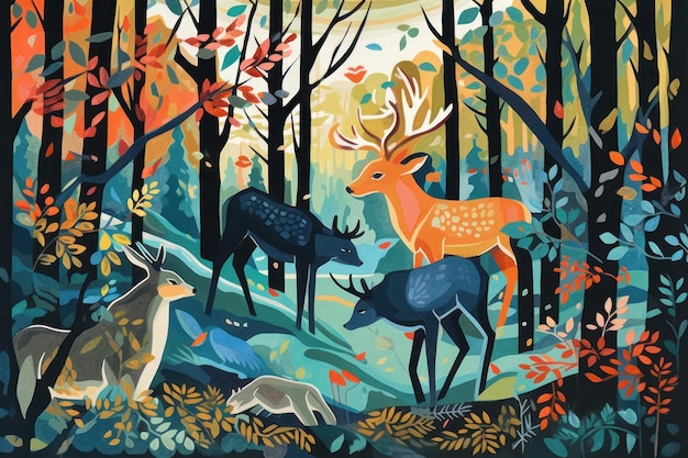 Une peinture de cerf et un cerf dans les bois