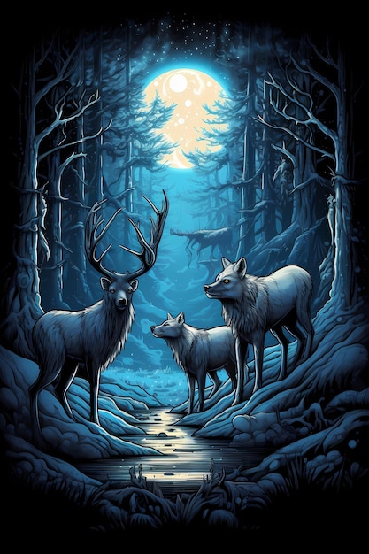 Une peinture d'un cerf dans les bois