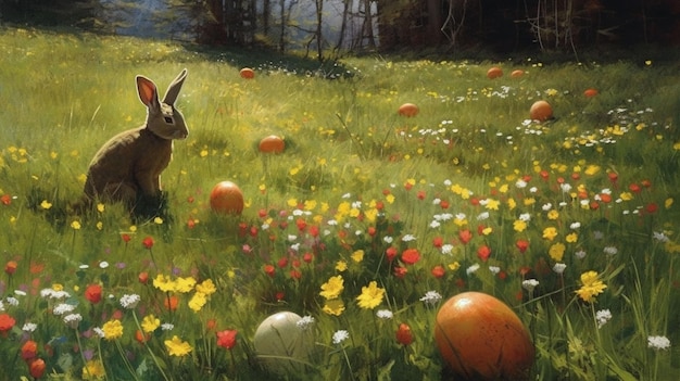 Une peinture d'un cerf dans un champ de fleurs avec un lapin sur la gauche.