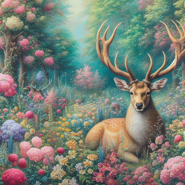 Peinture d'un cerf dans un champ de fleurs avec un oiseau à proximité