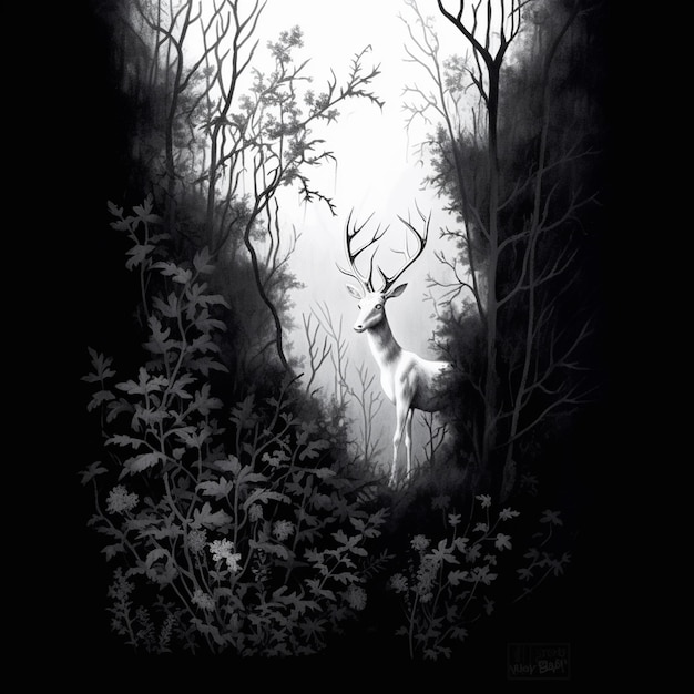Photo peinture d'un cerf dans une forêt avec des arbres et des buissons