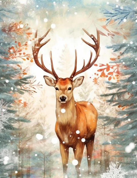 Photo peinture d'un cerf dans une forêt enneigée avec des arbres et des flocons de neige