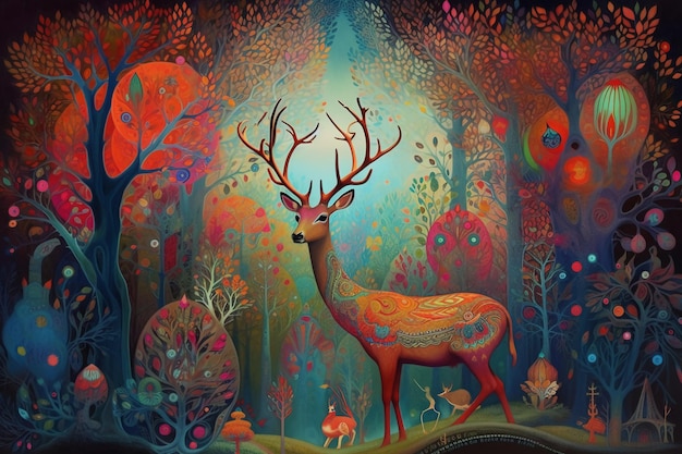 Une peinture d'un cerf avec un fond coloré et les mots " le cerf " sur le fond.