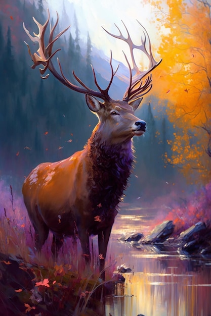 Une peinture d'un cerf avec une pleine lune en arrière-plan