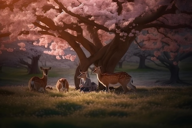 Photo une peinture d'un cerf sous un arbre à fleurs roses