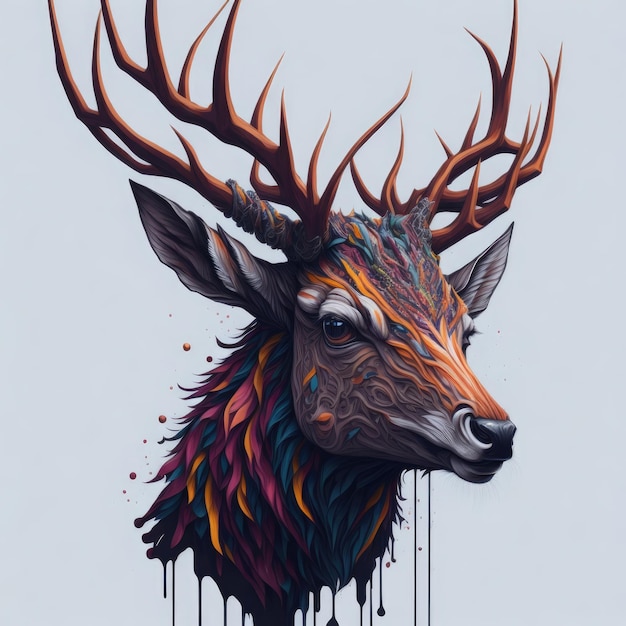 Une peinture d'un cerf avec une tête colorée