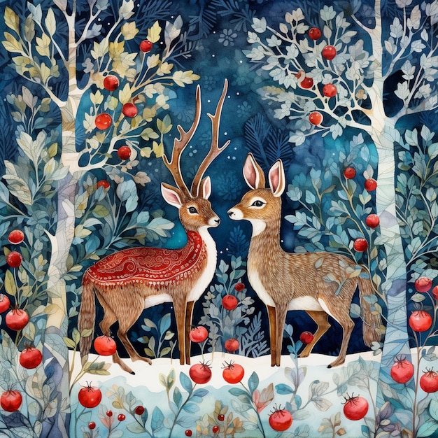 Une peinture de cerfs et de pommiers avec un cerf sur le dessus.