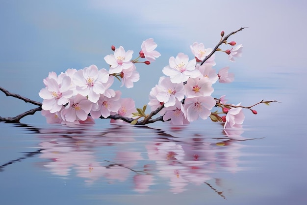 une peinture d'un cerisier en fleurs avec le reflet du ciel et de l'eau qui s'y reflètent.