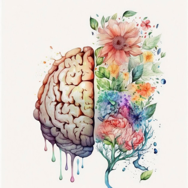 Une peinture d'un cerveau avec des fleurs dessus