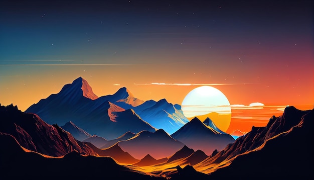 Une peinture d'une chaîne de montagnes au coucher du soleil AI générative