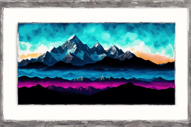 Une peinture d'une chaîne de montagnes avec un ciel bleu et des nuages.