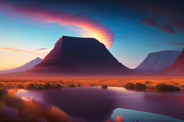 Une peinture d'une chaîne de montagnes avec le coucher du soleil derrière elle.