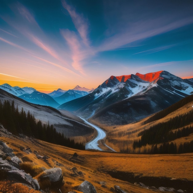 Une peinture d'une chaîne de montagnes avec un coucher de soleil en arrière-plan.