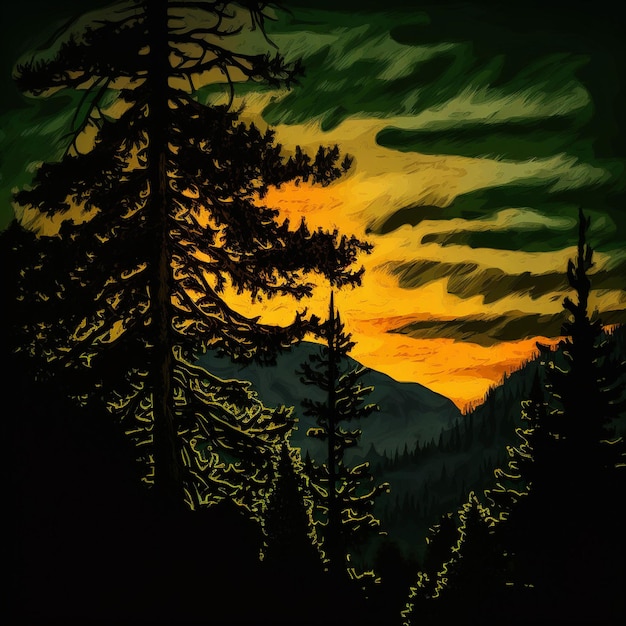 Une peinture d'une chaîne de montagnes avec un coucher de soleil en arrière-plan.