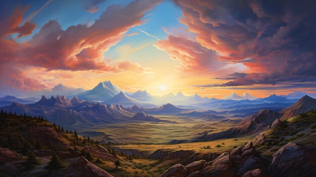 Une peinture d'une chaîne de montagnes avec un coucher de soleil