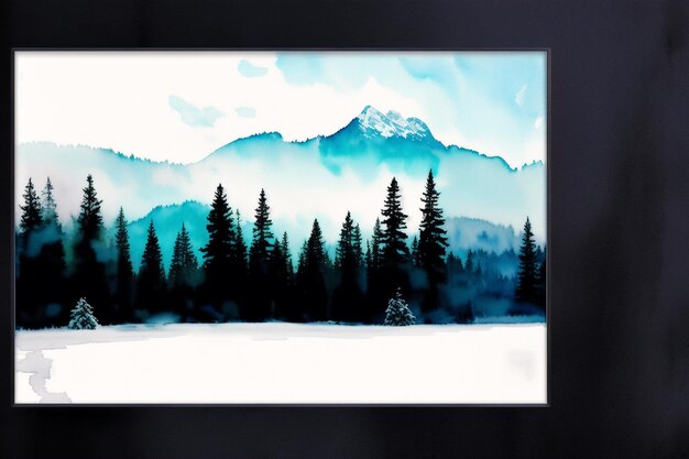 Une peinture d'une chaîne de montagnes avec un fond bleu et vert.