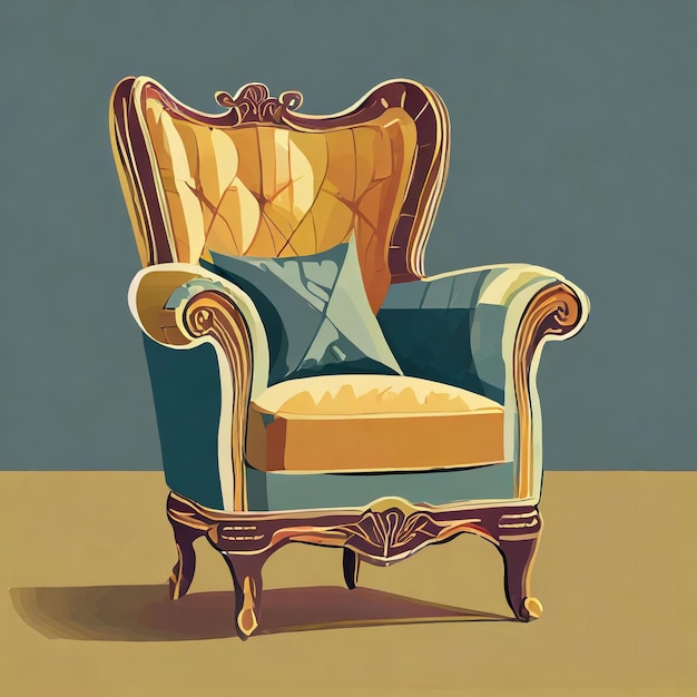 une peinture d'une chaise avec un oreiller bleu dessus