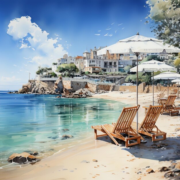 Photo une peinture de chaises de plage et de parapluies sur une plage