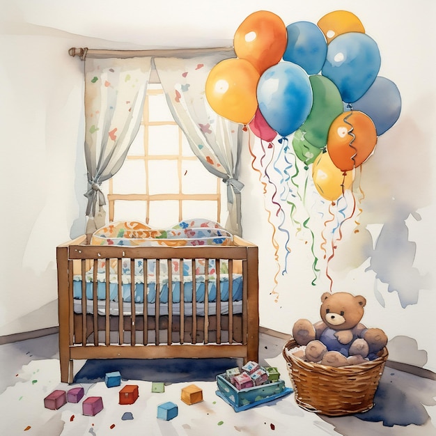 une peinture d'une chambre de bébé avec des ballons et un ours en peluche