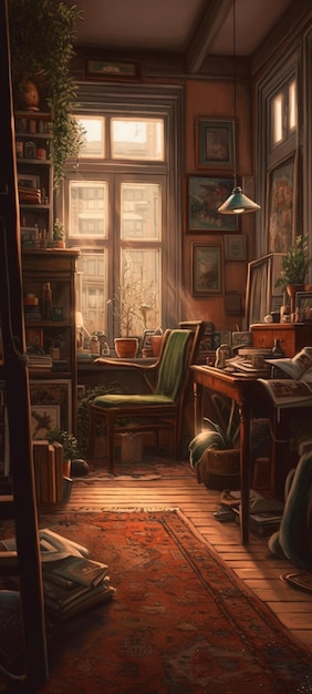 Une peinture d'une chambre avec un bureau et une chaise.