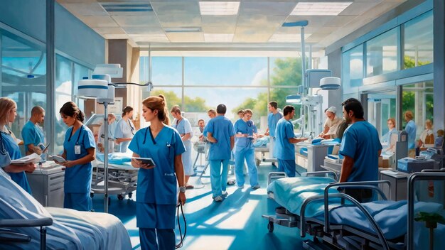 Photo une peinture d'une chambre d'hôpital avec une femme en peignoirs bleus