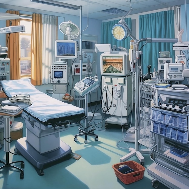 Une peinture d'une chambre d'hôpital avec un rideau bleu et une boîte rouge avec une horloge dessus.