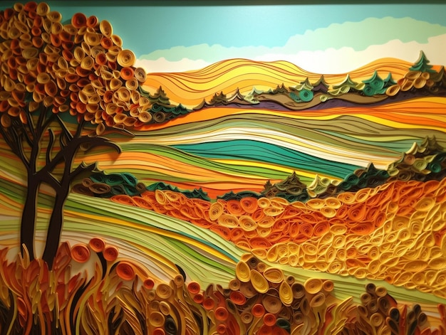 Une peinture d'un champ avec des arbres et des montagnes en arrière-plan.