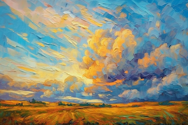 peinture d'un champ avec un ciel nuageux et quelques nuages ai générative