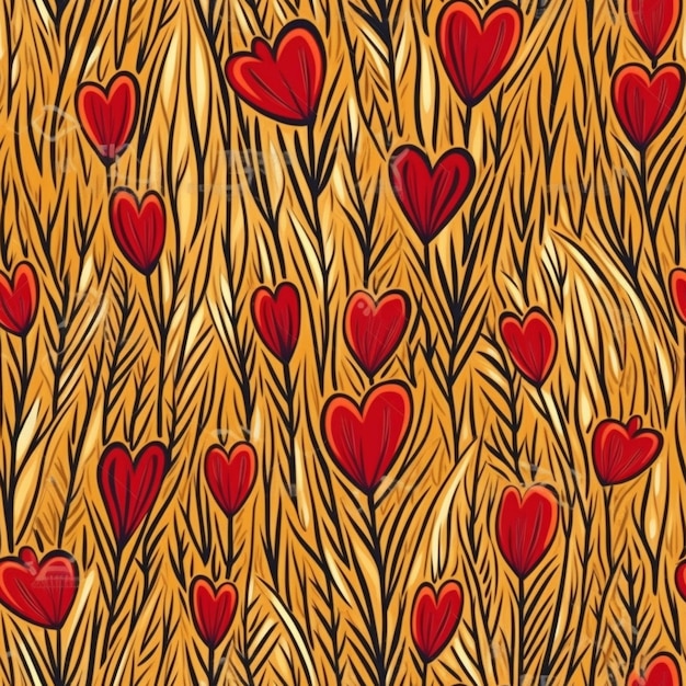 Une peinture d'un champ avec des coeurs rouges dessus ai générative