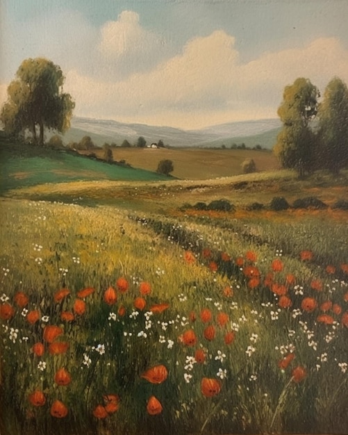 Peinture d'un champ avec des coquelicots et d'autres fleurs